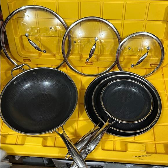 HEXCLAD 7-Piece Nonstick Stainless Steel Frying Pan Set 8 10 12- Lids Wok $600 - Picture 2 of 10
